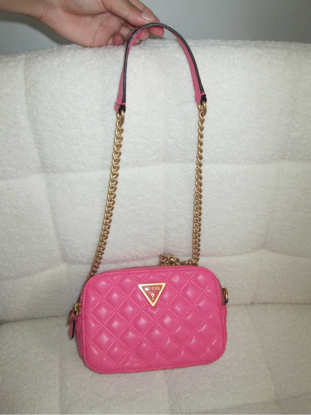 GUESS Hot Pink Quilted Camera Crossbody with Gold Chain